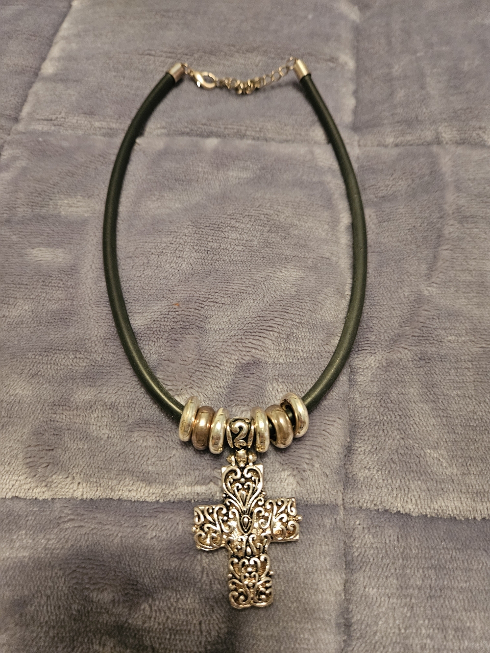 Source Unknown Green Cord Necklace with Ornate Silver Cross